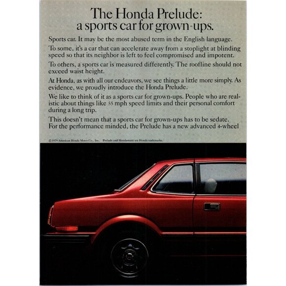 1979 Honda Prelude Sports Car for Grown ups 2 Page Vintage Print Ad Wall Art - Picture 2 of 4